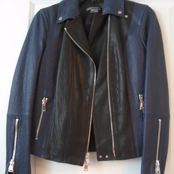 Vince Asymmetric Colorblock Blue Leather Jacket XS - Picture 4 of 8